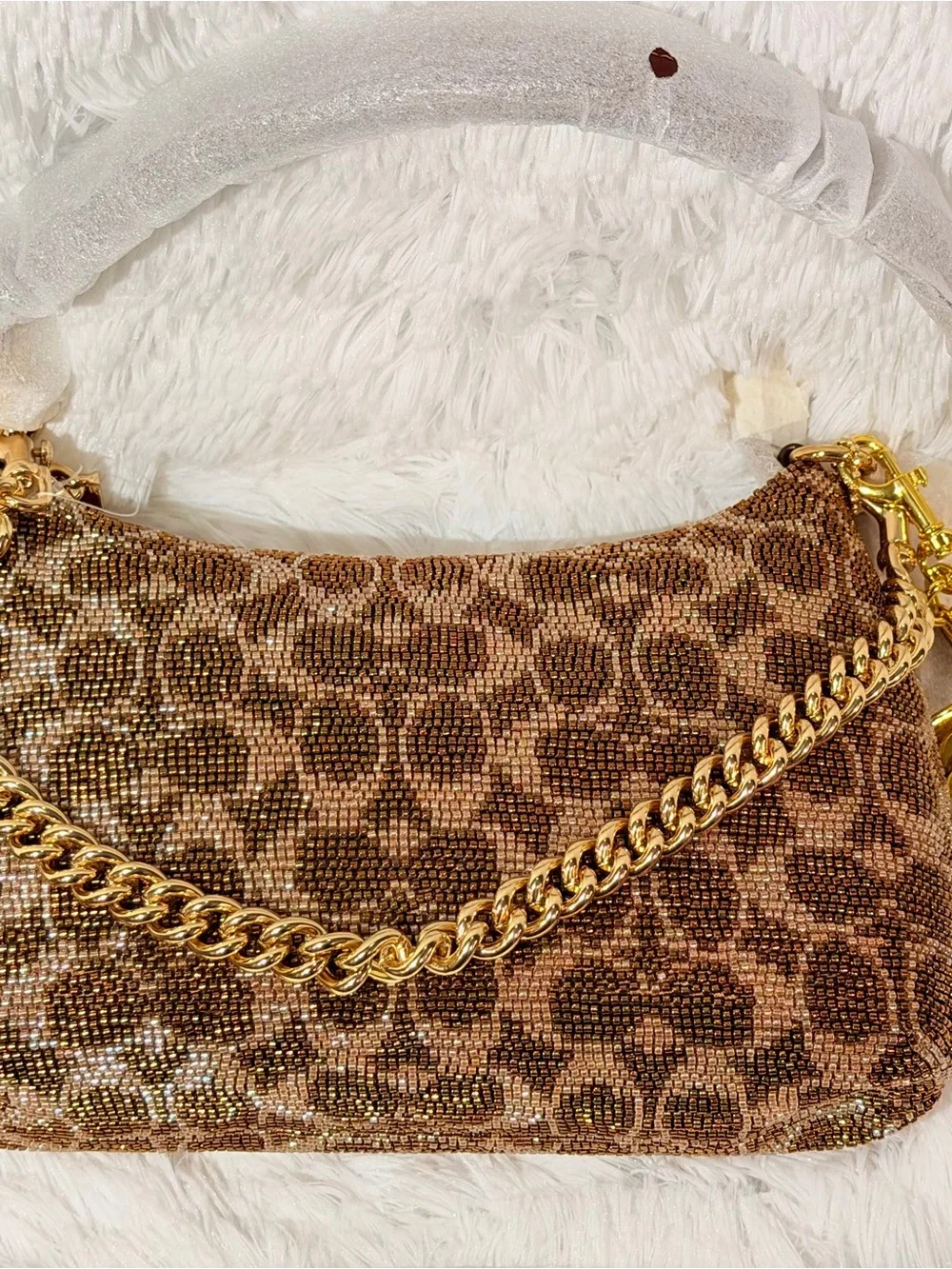 Coach Teri Shoulder Bag In Signature Beaded Satin brown / gold NWT
